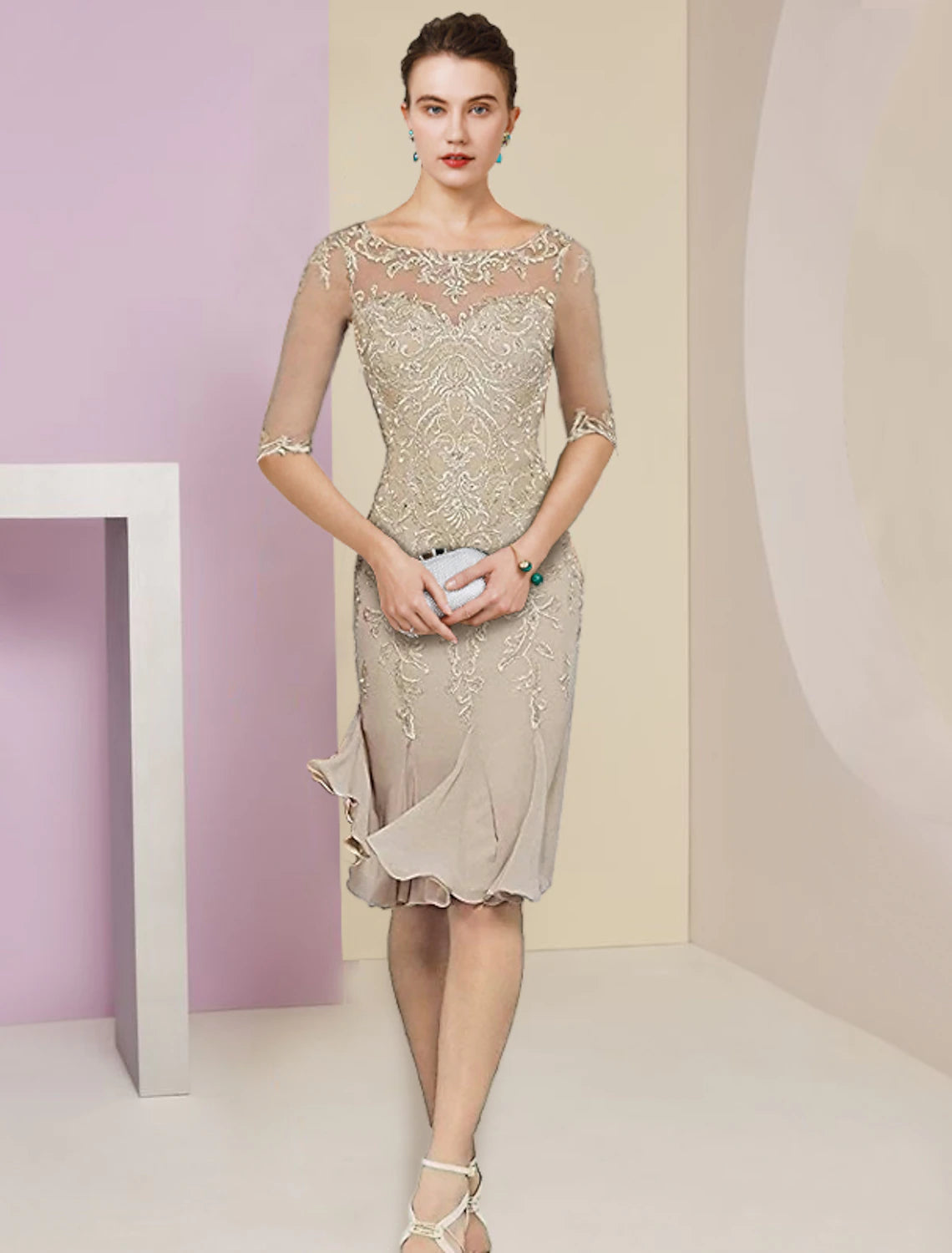 Wholesale Two Piece Mermaid / Trumpet Mother of the Bride Dress Formal Wedding Guest Vintage Elegant Scoop Neck Knee Length Chiffon Lace Half Sleeve Jacket Dresses with Pleats Appliques